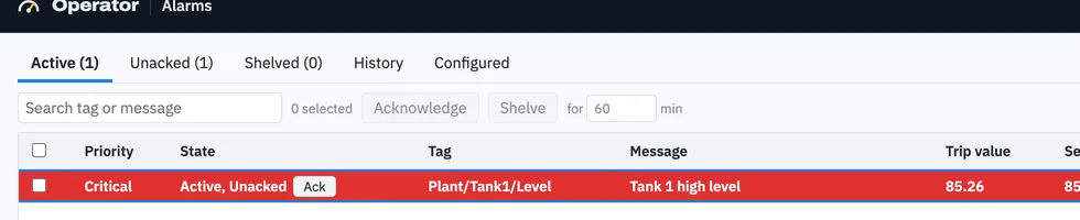 Alarm console with an active, unacknowledged critical Tank 1 high-level alarm